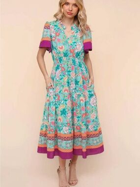 Aqua Floral Tiered Midi Dress with Magenta Trim